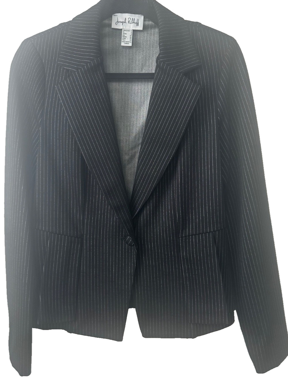 Joseph Ribkoff Size 6 Black Tailored Blazer Jacket Button Closure Pinstripe E13